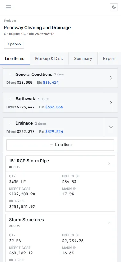 KonBid mobile app showing the Roadway Clearing and Drainage bid with line items, quantities, and bid prices.